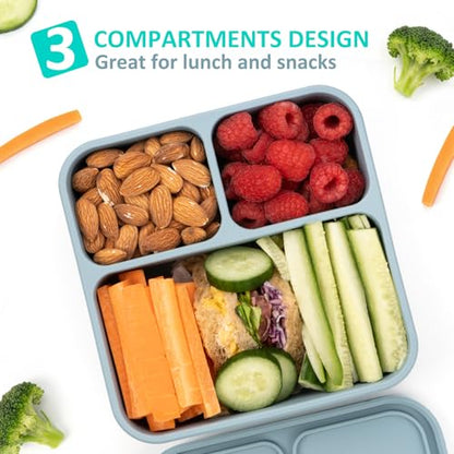 Silicone Bento Box Adult Lunch Container, 3 Compartment Container, Food Grade Silicone Bento Lunch Box for Work Travel Meal Prep, Leak-proof Food Storage Container（1 Pack Nile Blue） - color: Nile Blue | 32oz | 3-Compartment