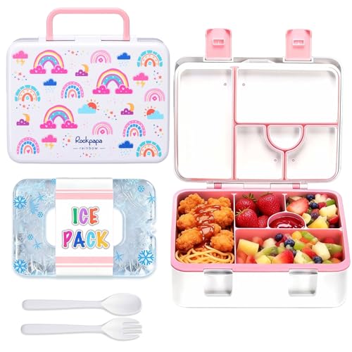 rockpapa Chill Bento Box for Kids- Large 5.5 Cups Lunch Box with Ice Pack - 5 Compartments, BPA-Free, Leak Proof, with Utensils & Portable Handle, Microwave/Dishwasher Safe (White Rainbow) - color: White Rainbow