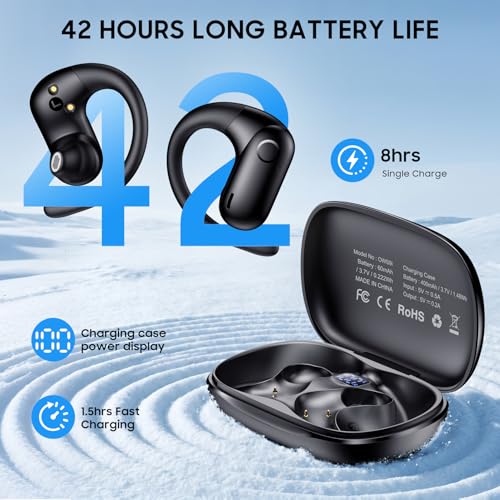 kurdene Open-Ear Headphones, Digital Display Wireless Earbuds with Ear Hooks, Ultra-Comfort, Snug Fit, Powerful Sound, Clear Calls, 42H Playtime, Bluetooth 5.4 for Office, Outdoor Use-Black