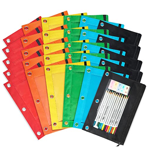 Shemira Pencil Pouch for 3 Ring Binder, 30 Pack Pencil Pouches Bulk in 6 Colors, Binder Pencil Pouch with Smooth Zipper, Zipper Pencil Pouches, 3 Ring Binder Pencil Pouches, Clear Window Pencil Case - color: Multicolor