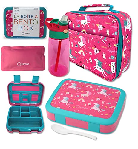 Bento Lunch Box with Insulated Bag, Water Bottle Ice Pack Set for Kids Toddlers, 5 Portion Sections, BPA Free Removable Tray, Pre-School Kid Toddler Daycare Lunches, Snack Container, Pink Unicorn - color: Pink Unicorn Set