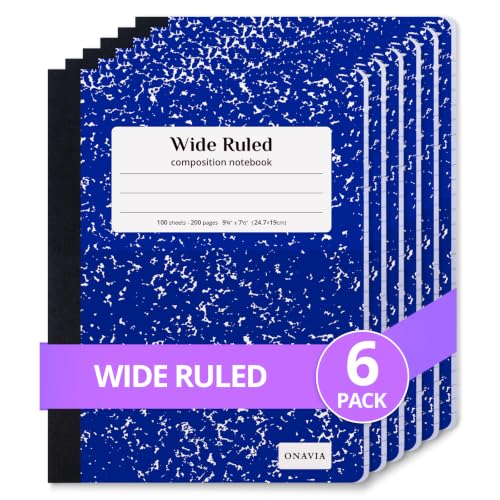 ONAVIA Composition Notebook Wide Ruled 6 Pack, 200 Pages, Marble Blue | 100 ct, 9.75 x 7.5 in, Wide Ruled Composition Notebook, Durable Comp Book, School Notebooks, Note Taking, Students - color: Blue, size: 9.75 x 7.5"