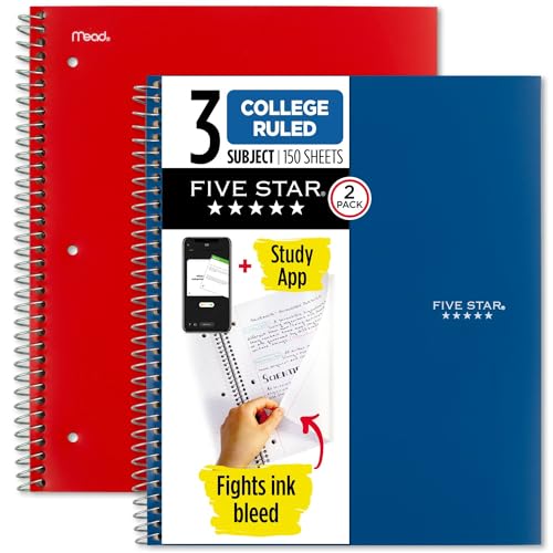 Five Star Spiral Notebooks Plus Study App, 2 Pack, 3 Subject, College Ruled Paper, 11" x 8-1/2", 150 Sheets, Blue & Red (38502) - color: Blue, Red, size: 2 Pack