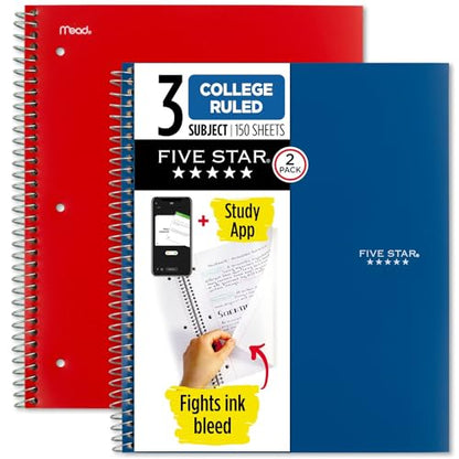 Five Star Spiral Notebooks Plus Study App, 2 Pack, 3 Subject, College Ruled Paper, 11" x 8-1/2", 150 Sheets, Blue & Red (38502) - color: Blue, Red, size: 2 Pack
