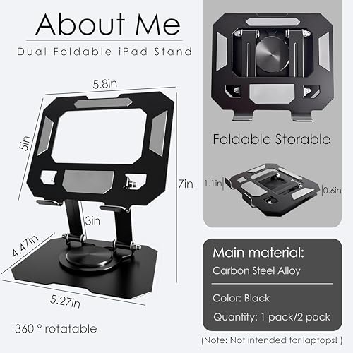 Tablet Stand for iPad, 360° Rotating Desktop Holder, Carbon Steel Adjustable Foldable Desk Holder, for iPad Pro Air Samsung, for 4" -13" Tablets, Portable Home/Office, 2026 Upgraded - Black - size: Black-1 PACK