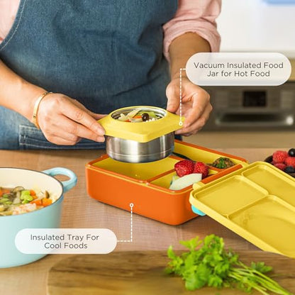 OmieBox Bento Box for Kids - Insulated Bento Lunch Box with Leak Proof Vacuum Insulated Food Jar - 3 Compartments, Two Temperature Zones (Sunshine) - color: Sunshine