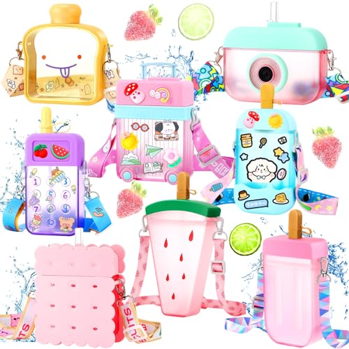 Patelai 8 Pcs Cute Water Bottles with Straw Kawaii Watermelon Ice Cream Cups Leak Proof Drinking Bottles with Adjustable Shoulder Strap for Sports Travel Camping(Stylish Style) - style: Stylish Style