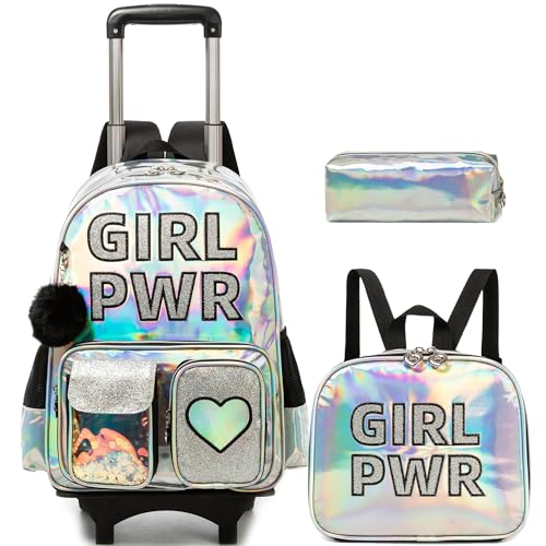 Meetbelify Rolling Backpack for Girls Backpack with Wheels for Elementary Student Kids Carry on Bag with Lunch Box Pencil Case for Girls Ages 6-8 Years Old - color: Black 02