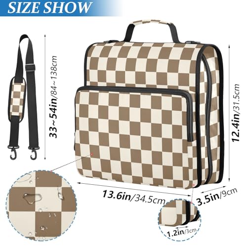 Brown Beige Checkered Zipper Binder 3 Ring 1.5 Inch Binder Organizer Bag 500 Sheets Capacity Multi-Pocket with Shoulder Strap for School Office