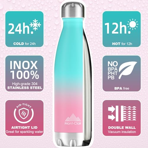 Mont-Clair Stainless Steel Water Bottle, Vacuum insulated - BPA Free, 12h Hot & 24h Cold Drinks, Metal Water Bottle 17 oz Leakproof, Ideal for Adult, Kids, Running - Gradient - Cyan & Pink - color: Gradient - Cyan & Pink, style: 17 Ounces