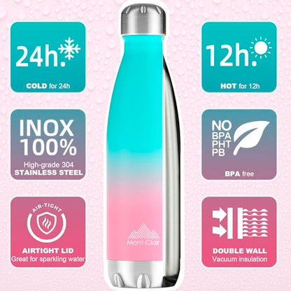 Mont-Clair Stainless Steel Water Bottle, Vacuum insulated - BPA Free, 12h Hot & 24h Cold Drinks, Metal Water Bottle 17 oz Leakproof, Ideal for Adult, Kids, Running - Gradient - Cyan & Pink - color: Gradient - Cyan & Pink, style: 17 Ounces