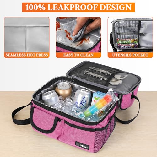 opux Insulated Lunch Bag Women Men, Dual Compartment Leakproof Lunch Box Adults Kids, Double Decker Meal Prep Bento Lunch Cooler Tote with Shoulder Strap for Work Office School Travel, Pink - color: Heather Pink