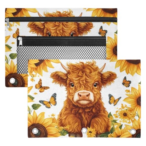 Sunflower Highland Cow Pencil Pouch for 3 Ring Binder Cattle Butterfly Pencil Case Bag with Clear Window Zipper Pockets for Kids Girls Boys Students School College Supplies 2 Pack