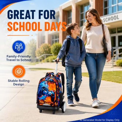 KLFVB Big Quiet-Glide Wheels Rolling Bookbag, 3-in-1 Wheeled Backpack Set with Lunch Bag | Water-Resistant Roller Bag for Boys, School, Travel, Play - Flame Game Controller - color: Rolling Backpack with Big Wheels - Flame Game