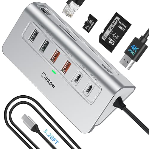 intpw P9R PRO USB C Hub Ethernet, 10Gbps USB C Docking Station 10-in-1 with Type-C & 2 Type-A 3.2 Data, LAN, 4K@60Hz, 2 USB A 2.0, PD 100W, SD/TF Ports, 3.28FT Powered USB Hub for PC, iPhone 17, Mac - color: Silver, size: 3.28ft