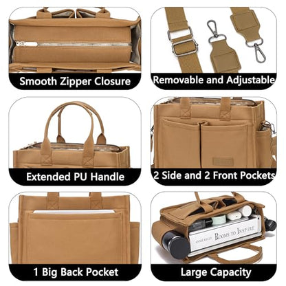 ZHMO Canvas Tote Bag for Women,Women's Bags Crossbody Bags Work Laptop Tote Bag Large Handbags Purse for Travel Nurse Teacher - color: New Upgrade Brown With Compartments and Side Cup Holders