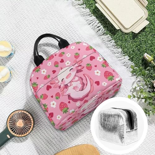 Kawaii Axolotl Lunch Box for Girls Portable Leakproof Kids Lunch Box Multifunctional Large Thermal Cooler Bag for School Camping Picnic - color: Kawaii Axolotl Strawberry