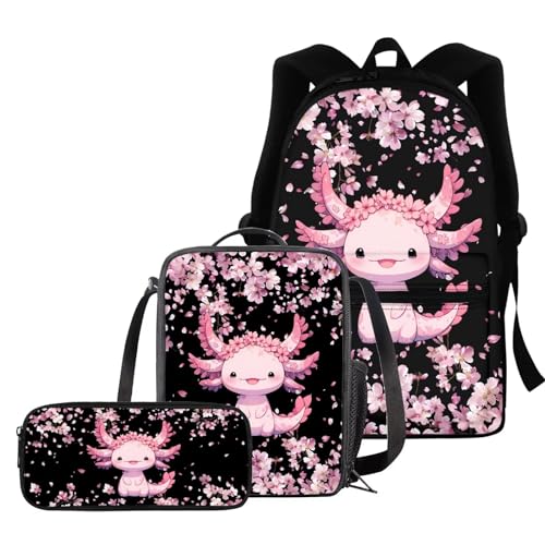 BIGCARJOB Kids Backpack Flower Axolotl School Bags for Girls 10-12 Book Bag 17 Inch Kids Children Schoolbag Large Bookbag with Lunch Box Pencil Case Set Pink Cherry Blossom Flower Axolotl Backpack Set - color: Axolotl Flower, size: One Size