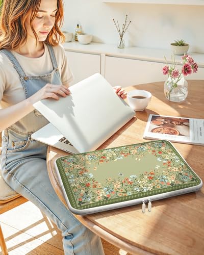 iCasso Computer Sleeve 13 inch,Stylish Girly Laptop Bag Green,13-13.6 inch Waterproof Laptop Sleeve Compatible with MacBook Neo/Air/Pro 13-14 Sleeve, HP Dell ASUS Lenovo Chromebook Notebook, Flowers - color: Green Floral, size: 13-14 Inch