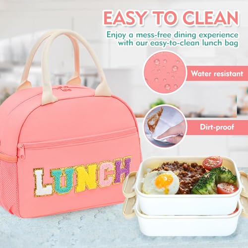 Lunch Bag for Girls and Women, Cute Preppy Lunch Bag with Chenille Letters, Insulated Large Capacity Lunch Tote with Detachable Strap for School, Work & Picnic, Pink - color: Pink