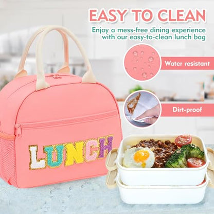 Lunch Bag for Girls and Women, Cute Preppy Lunch Bag with Chenille Letters, Insulated Large Capacity Lunch Tote with Detachable Strap for School, Work & Picnic, Pink - color: Pink