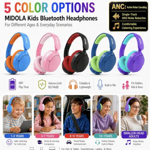 Kids Bluetooth Headphones Active Noise Cancelling,68H Play Time,Lightweight Wireless Foldable Over-Ear Headphone for Kid Toddler,Volume Limited 85/94dB,Headsets with Built-in Mic Blue - color: Deep Blue