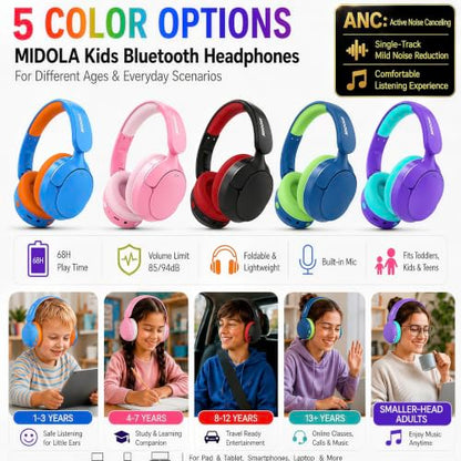 Kids Bluetooth Headphones Active Noise Cancelling,68H Play Time,Lightweight Wireless Foldable Over-Ear Headphone for Kid Toddler,Volume Limited 85/94dB,Headsets with Built-in Mic Blue - color: Deep Blue