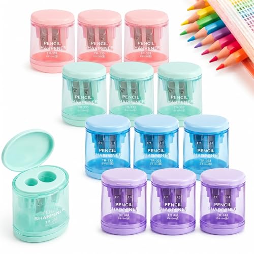 12 Pcs Colored Pencil Sharpeners Bulk, Dual Hole Pencil Sharpener with Lid, Manual Compact Handheld Crayon Sharpeners Art Supplies Perfect for Office and Home (Candy Color Style) - color: Candy Color Style