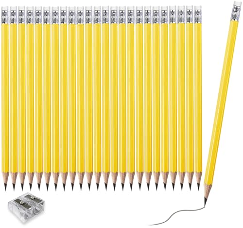 Adhere 25pcs Woodcase Pencils with Eraser Premium Pre-Sharpened Hexagon Graphite 2B pencils ideal for home, office writing including a Free Sharpener (Yellow・25pcs) - color: Yellow・25pcs