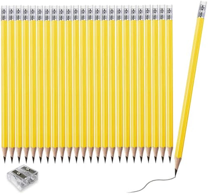 Adhere 25pcs Woodcase Pencils with Eraser Premium Pre-Sharpened Hexagon Graphite 2B pencils ideal for home, office writing including a Free Sharpener (Yellow・25pcs) - color: Yellow・25pcs