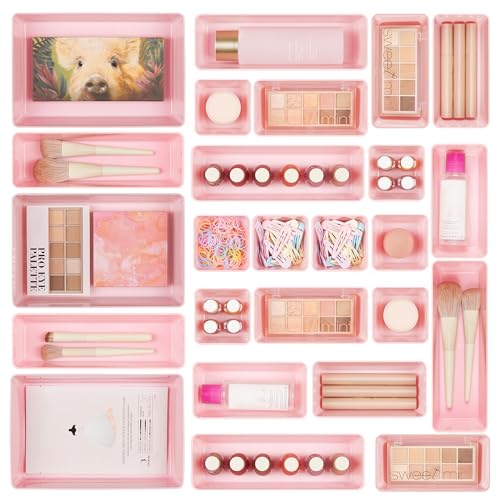Vtopmart 25 PCS Plastic Drawer Organizers Set, 4-Size Versatile Bathroom and Vanity Drawer Organizer Trays, Storage Bins for Makeup, Bedroom, Kitchen Gadgets Utensils and Office | 4-Size Versatile Makeup Organizer, Storage Containers Small Bins for Makeup