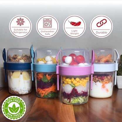 salda 4 Pack 22 oz Breakfast On the Go Cups, Take and Go Yogurt Cup with Topping Cereal Cup with spoon and fork, Overnight Oats or Oatmeal Container Jar, Colorful Set of 4
