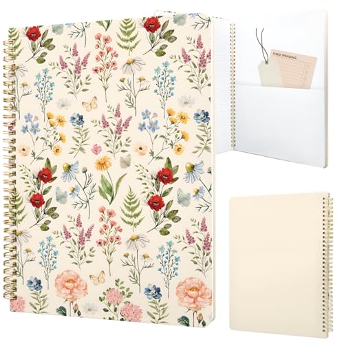 Cute Spiral Notebook journal A4 Aesthetic Pretty Design for Women Girls Kawaii with Pocket, 8.5 x 11 inch, Graph, Plant Flower - color: Vintage Flower, style: Graph