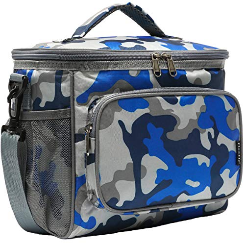FlowFly Insulated Reusable Lunch Bag Adult Large Lunch Box for Women and Men with Adjustable Shoulder Strap,Front Zipper Pocket and Dual Large Mesh Side Pockets,BlueCamo - color: BlueCamo