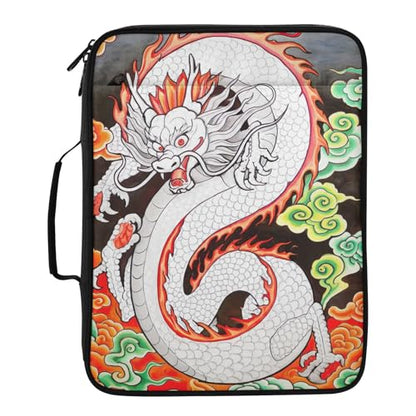 3-Hole Ring Binder Bag with 7-Pocket Accordion Index White Dragon Document Case with Elastic Pen Loops Organizer