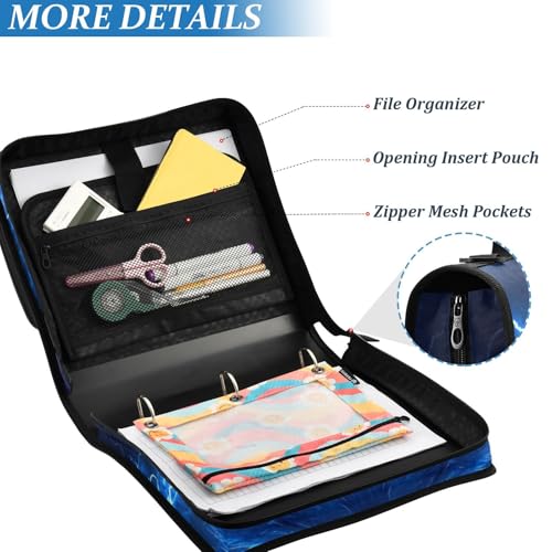 Blue Wolf with Glowing Eyes 3 D-Ring 2 inch Zipper Binder Bag with Shoulder Strap, Multi-Pocket Portfolio Organizer Case for 13 Inch Laptop Middle School - color: Blue Wolf Glowing Eyes