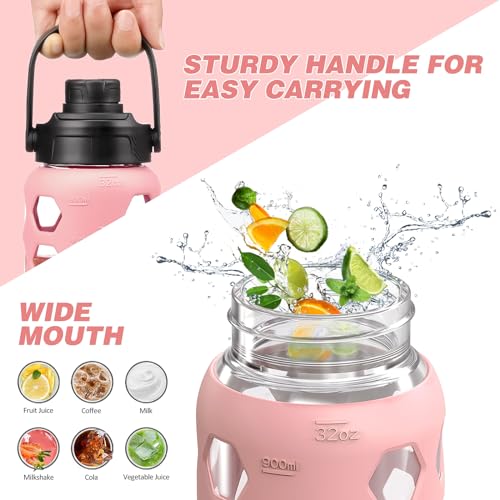 MUKOKO Glass Water Bottle, 32oz, Pink | Glass Tumbler with Straw, Drinking Bottles with 2 Lids-Handle Spout Lid & Bamboo Straw Lid, Silicone Sleeve, 1 Pack - color: Pink, size: 32 Ounces