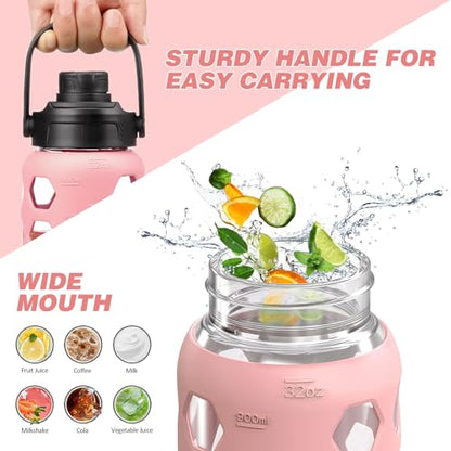 MUKOKO Glass Water Bottle, 32oz, Pink | Glass Tumbler with Straw, Drinking Bottles with 2 Lids-Handle Spout Lid & Bamboo Straw Lid, Silicone Sleeve, 1 Pack - color: Pink, size: 32 Ounces