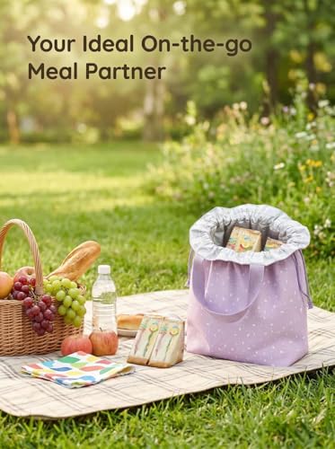 Reusable Lunch Bag,Canvas Drawstring Lunch Bag, Lunch Tote for Work, School, or Picnics, Lightweight & Waterproof, Keeps Food Fresh All Day(Purple) - color: Purple