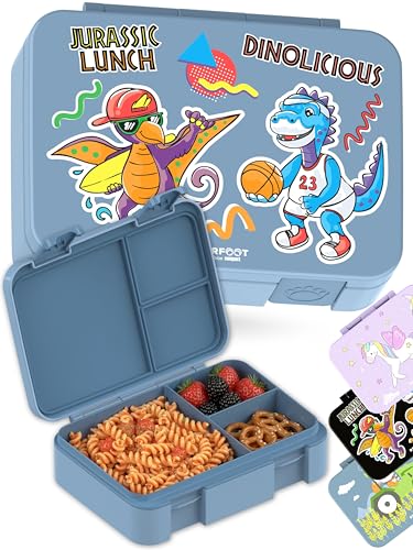 BEARFOOT Kids Lunch Box with Compartments – Compact & Lightweight | Leak-Proof, BPA-Free, Dishwasher Safe | Hand-Drawn Design for Preschool, School, Travel (Dinos Blue, 4 Cups) | BPA Free Leakproof Lunch Box with Compartments School & Nursery for Girls &