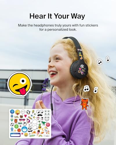 Belkin SoundForm Mini Kids Wired Headphones w/USB C to 3.5mm Dongle, Built-in Mic & Fun Stickers, 85dB Max Volume – for Online Learning, Travel, Compatible w/iPhone 16, iPad, Galaxy S25, etc - Black - color: Black, style: Wired (USB-C)