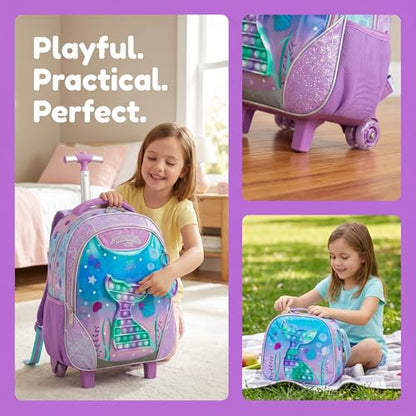 Kids Rolling Backpack for Girls Mermaid Trolley Suitcases Luggage with Wheels Bookbag Wheeled 3pcs on Lunch Box Pencil Case Preschool Students Elementary Teenagers Pink for Girls Age 5-12 - color: Pink-0130-wanjuywb