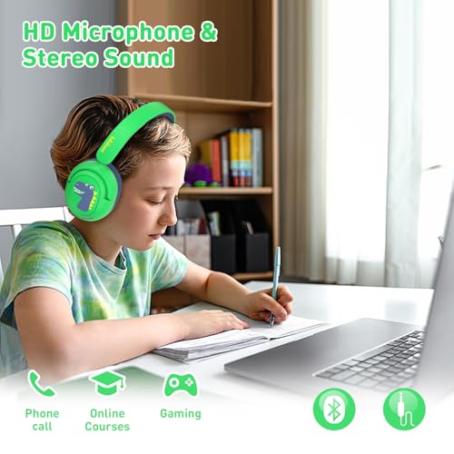 Bluetooth Kids Headphones, Wireless Headphones for Kid with Mic, 75/85/94dB Volume Limited, Includes 3.5mm Aux Cord, Foldable Dinosaur Teens Headset for School, Home, Travel, Tablet - style: Dinosaur