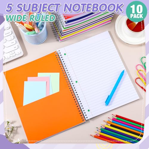 Fulmoon 10 Pcs 5 Subject Notebook Spiral Notebooks for School Office Hardcover Spiral Lined Notebook for Work, 240 Pages/ 120 Sheets, 8 x 10-1/2", 3 Hole Punched, 4 Removable Dividers(11/32 inch) - size: 11/ 32 inch
