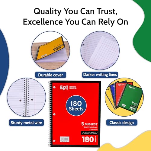 EPI Spiral Notebook | 5 Subject - College Ruled - 180 Sheets, Durable Spiral Binding | 10.5 x 8 in | Classroom Supplies | School, Office, Note Taking, Journaling - 3 Pack - size: Pack of 3, style: 5 Subject - College Ruled