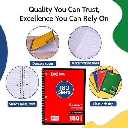 EPI Spiral Notebook | 5 Subject - College Ruled - 180 Sheets, Durable Spiral Binding | 10.5 x 8 in | Classroom Supplies | School, Office, Note Taking, Journaling - 3 Pack - size: Pack of 3, style: 5 Subject - College Ruled