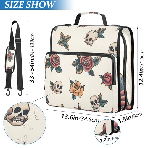 Vintage Old-School Tattoo Zipper Binder with Shoulder Strap & Handle for Easy Carry, 1.5 Inch 3-Ring Binder for School, Expansion Panel and Expanding File