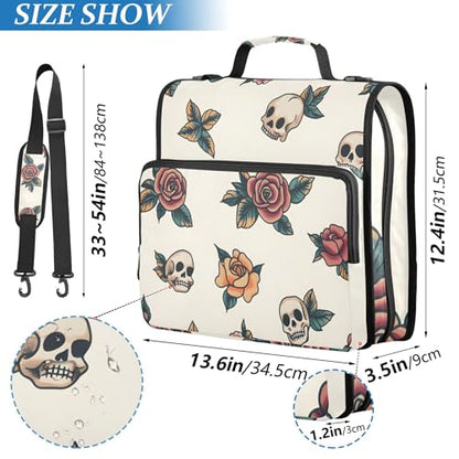Vintage Old-School Tattoo Zipper Binder with Shoulder Strap & Handle for Easy Carry, 1.5 Inch 3-Ring Binder for School, Expansion Panel and Expanding File