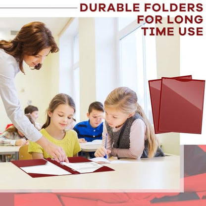 Henoyso 48 Pcs Plastic Folder with Clear Front Pocket and 3 Prongs Heavy Duty Plastic Folders with Card Slot Pocket Folders with Prongs for School Office Home(Dark Red) - color: Dark Red