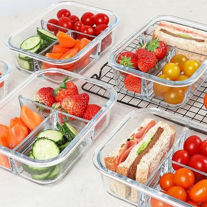 KOMUEE Glass Meal Prep Containers 3 Compartments, 5 Pack 36 oz, Glass Food Storage Containers with Lids, Airtight Lunch Bento Box, Portion Control, Freezer and Microwave Safe, White - color: White